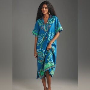 Anthropologie Farm Rio Linen/Viscose Short Sleeve Collared Midi Dress (Small)